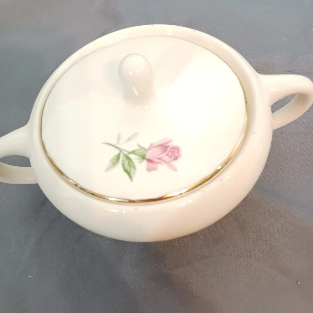 Vintage Sugar Bowl White Excellent Pink Rose Gold Trim Vintage
